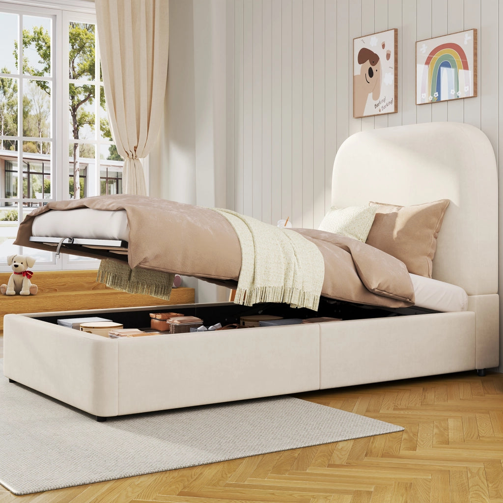 LETTO Contenitore 90x200 cm in velluto beige con rete a doghe