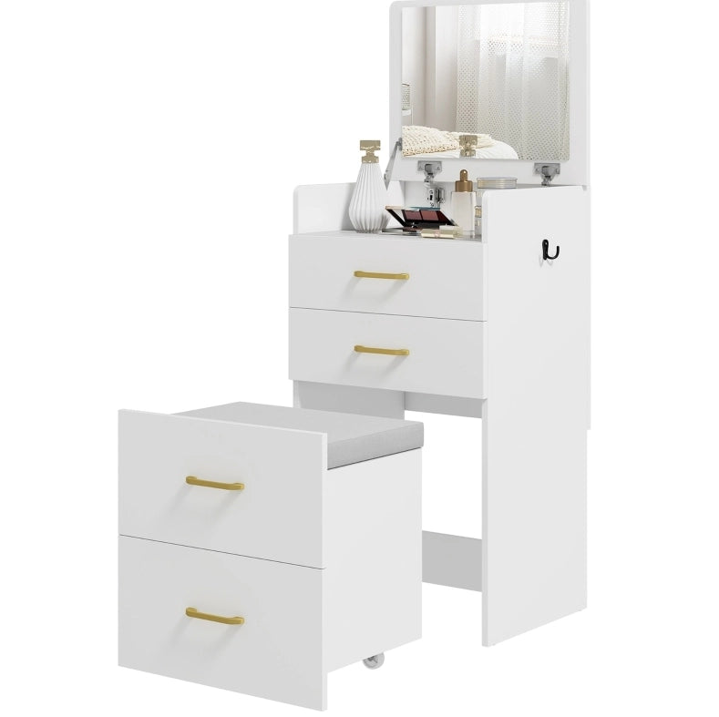 Toeletta 3 in 1 con specchio, comodino e sgabello bianco