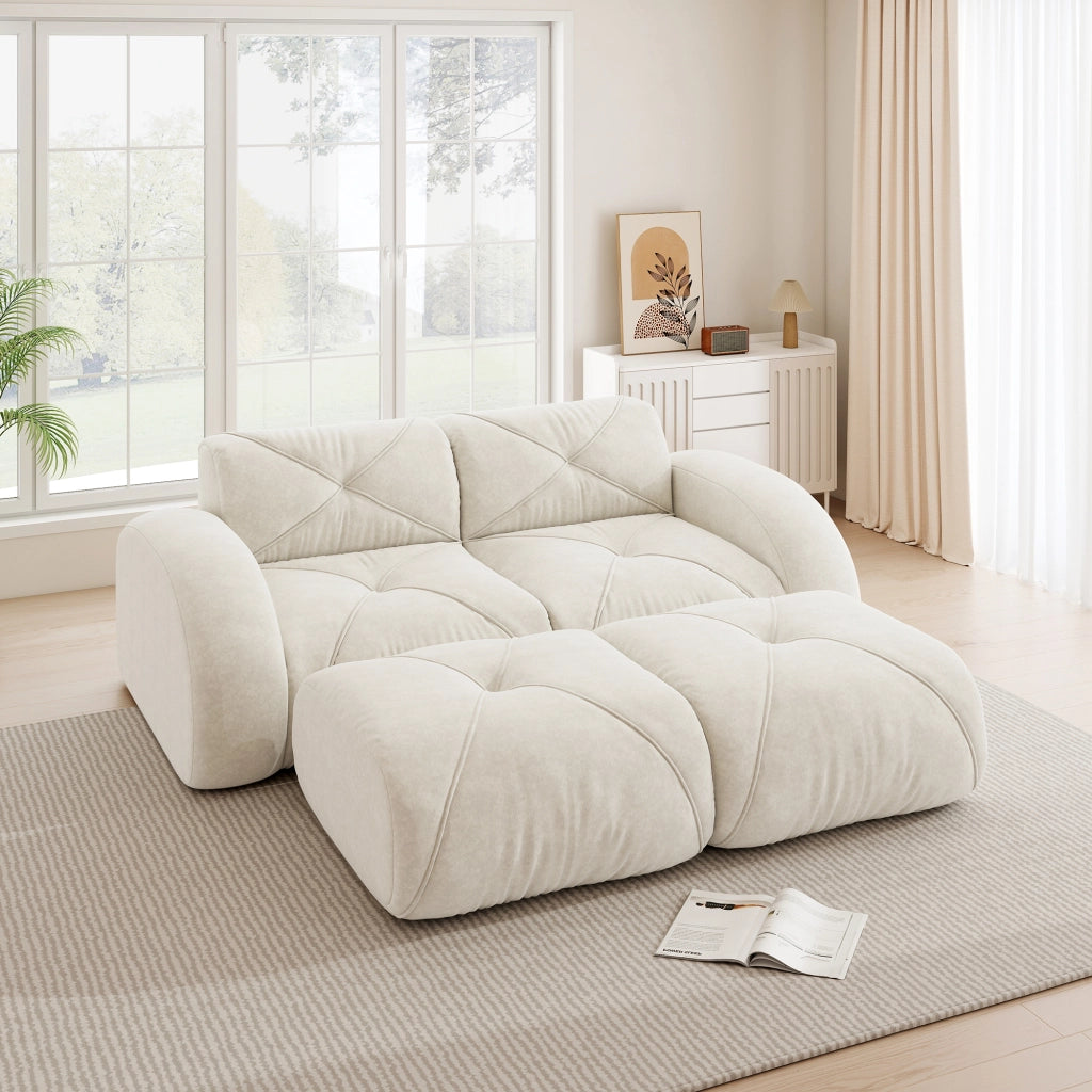 Divano modulare 2 posti senza struttura con due pouf in ciniglia beige chiaro per soggiorno e relax quotidiano