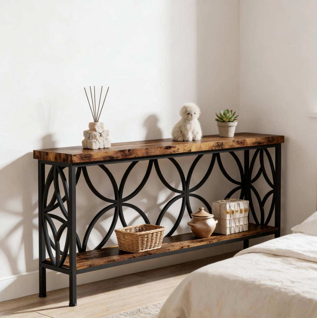 Tavolo consolle industriale con ripiani aperti 160x29;5x80 cm nero e marrone rustico