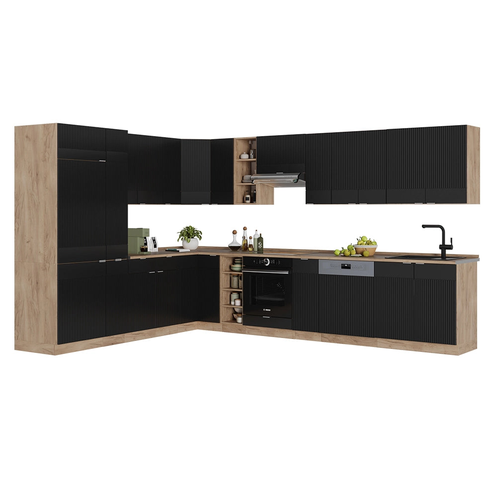 Cucina angolare completa Fame-Line Nero rigato/Rovere dorato 347 x 60 cm, PL Marmo Vicco