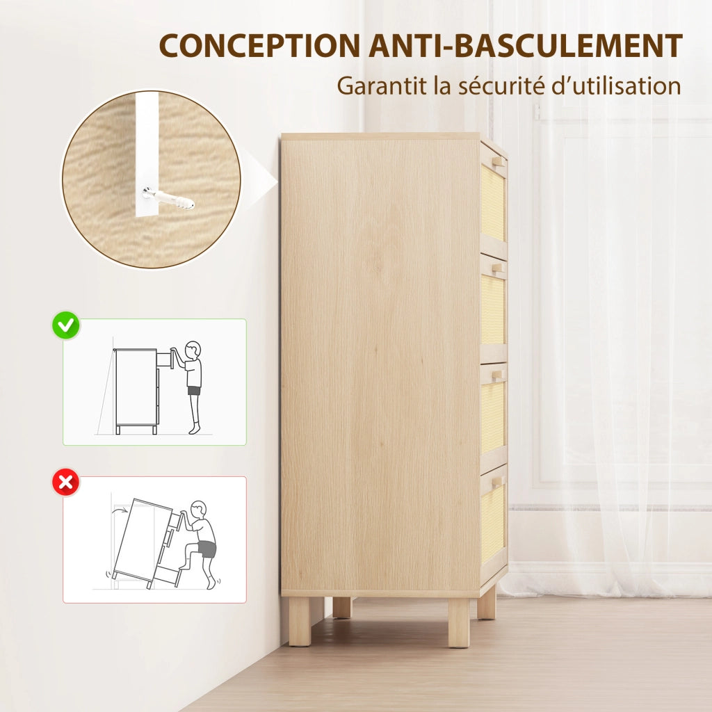 Cassettiera 4 cassetti con cannage in rotin ¨C Xylo ¨C 80x40x103 cm legno chiaro MDF