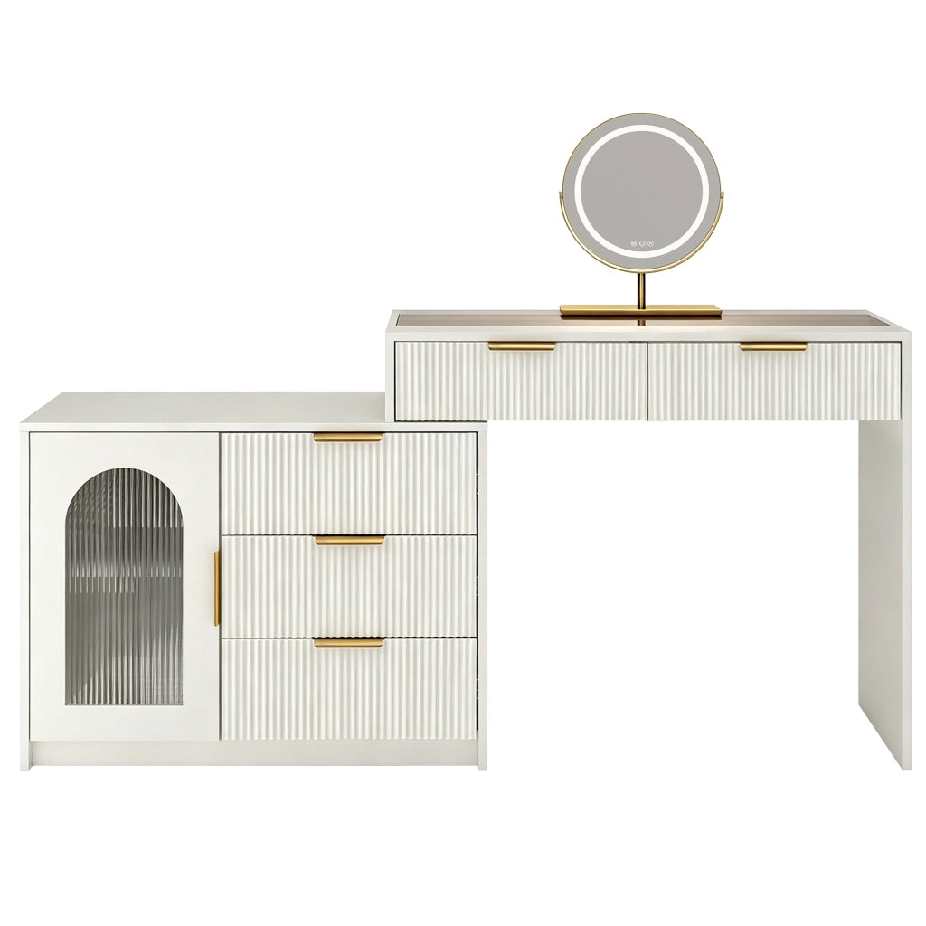 Toeletta con piano estraibile; specchio LED; cassetti e vani con fronti a rilievo; per camera da letto; bianca