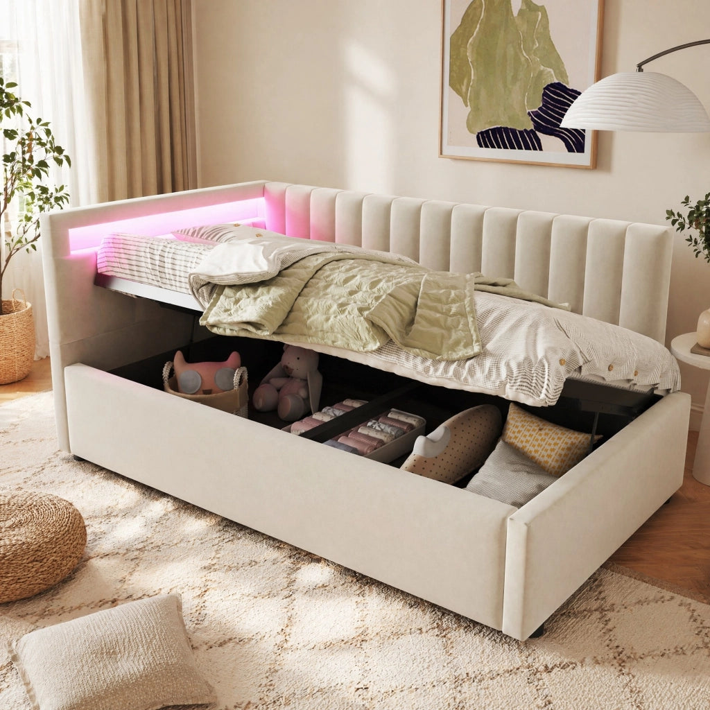 Letto singolo imbottito 90x200 cm con LED e vano contenitore beige