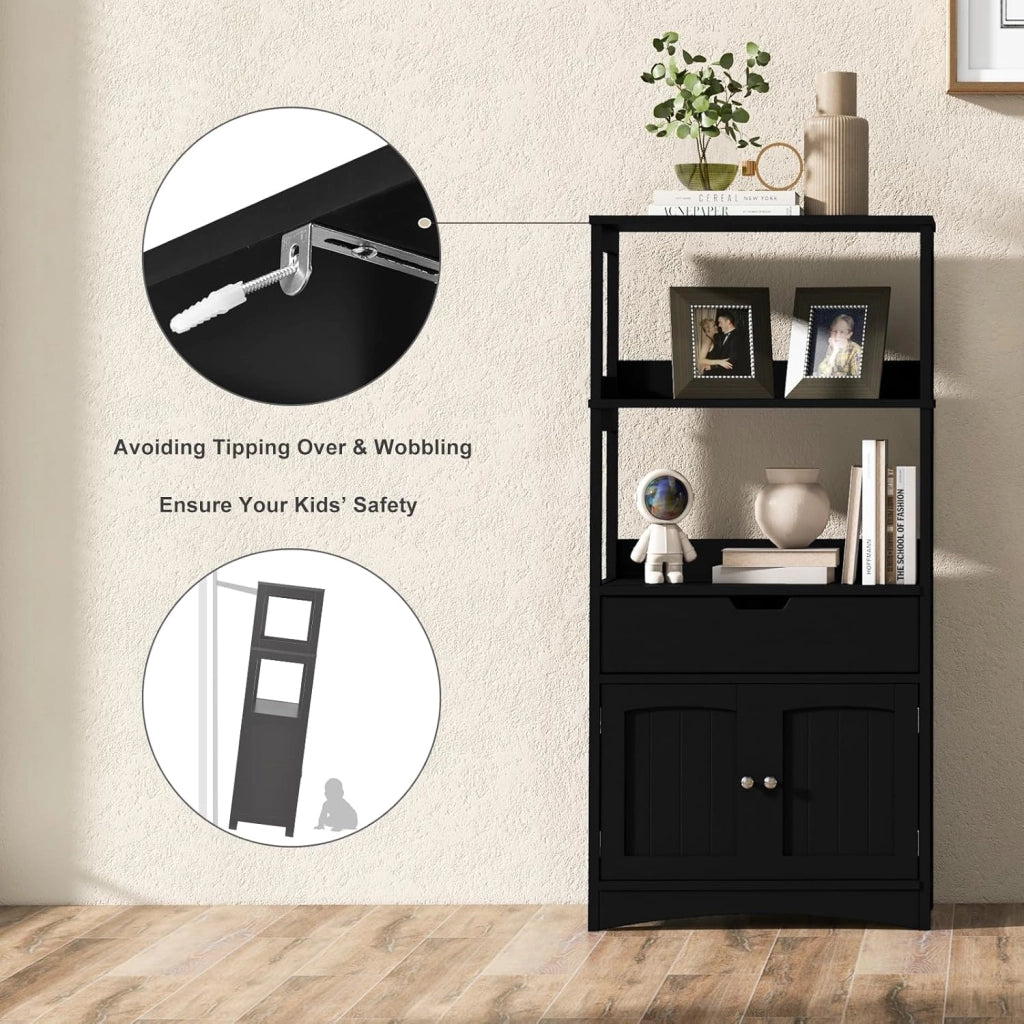 Mobile da bagno con ripiano a 3 livelli e cassetto, armadio su piedistallo per bagno, dispositivo antiribaltamento, mobiletto portaoggetti 60 x 32,5 x 122 cm (nero)