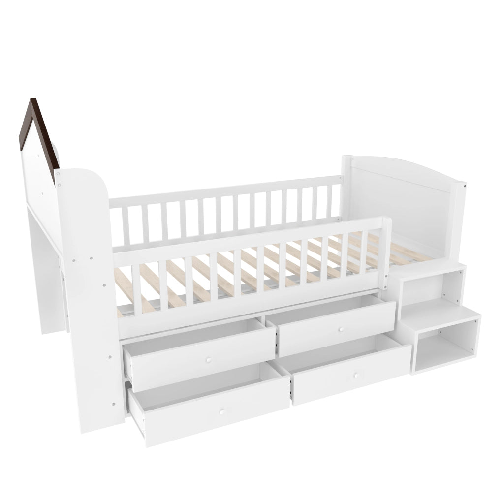 Letto a soppalco singolo 90×200 cm con LED; 4 cassetti; ripiani e scala; senza materasso; bianco
