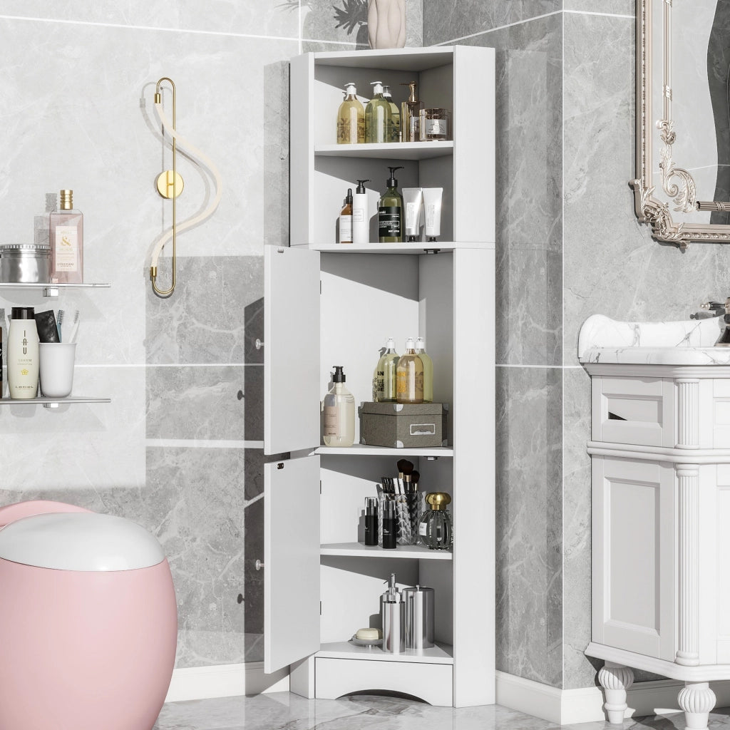 Mobile angolare per bagno con 2 ripiani regolabili, 36,5 x 36,5 x 155 cm, bianco