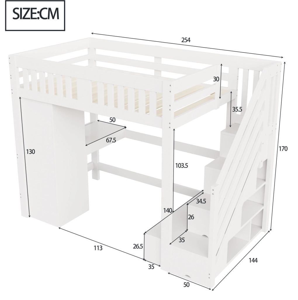 Letto a soppalco multifunzione 140x200 cm bianco in legno con scrivania; LED e contenitori