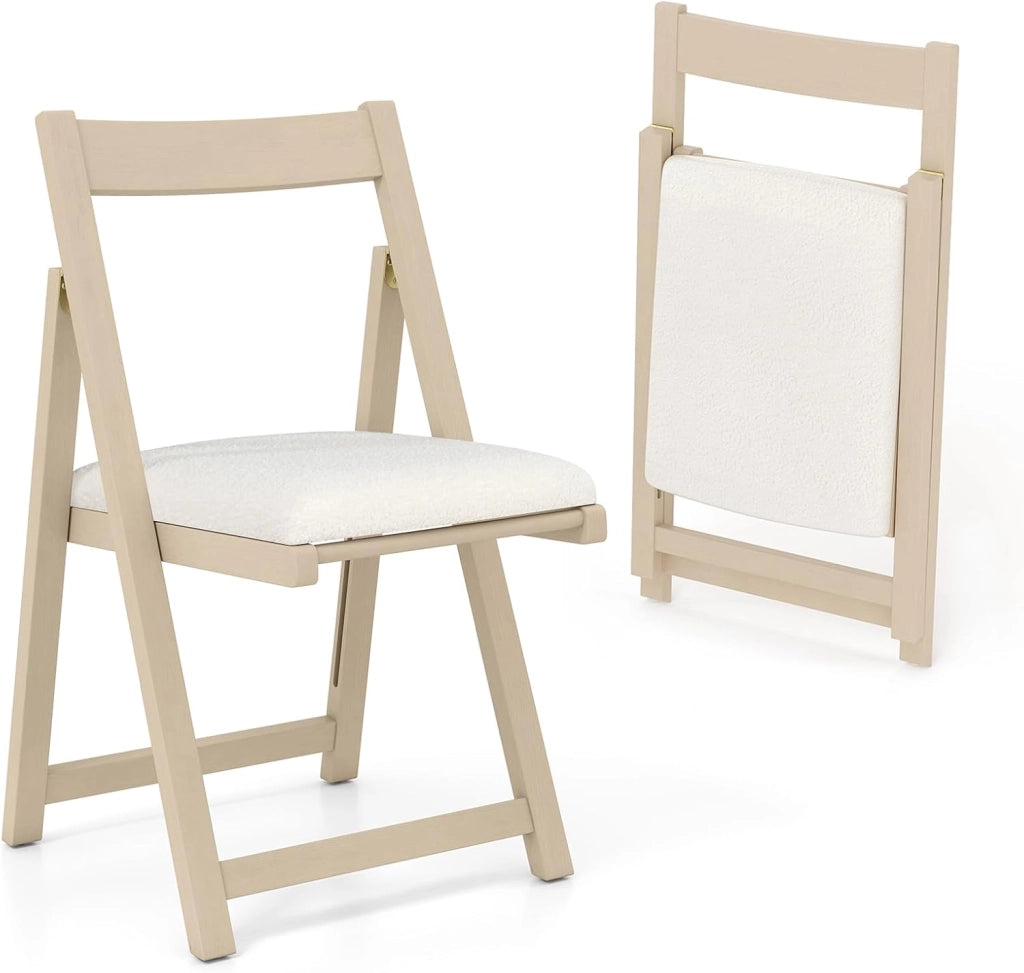 Set di 2 sedie pieghevoli, imbottite, con telaio in legno di gomma e schienale inclinato, per cucina, soggiorno e balcone (beige)