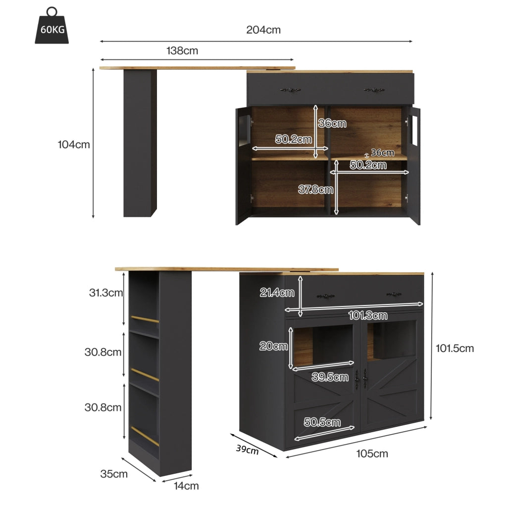 Tavolo bar 138-204x39x104 cm girevole con vani portaoggetti in MDF nero