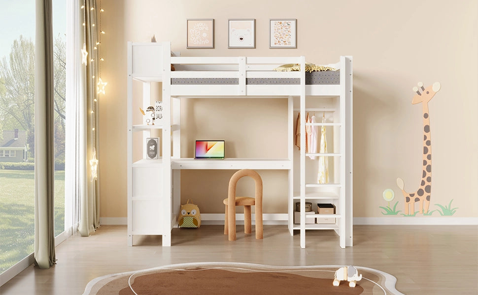 DESMIU Letto a soppalco 90 × 200 cm 1 piazza con scrivania, ripiani, armadio e vani, senza materasso, per bambino