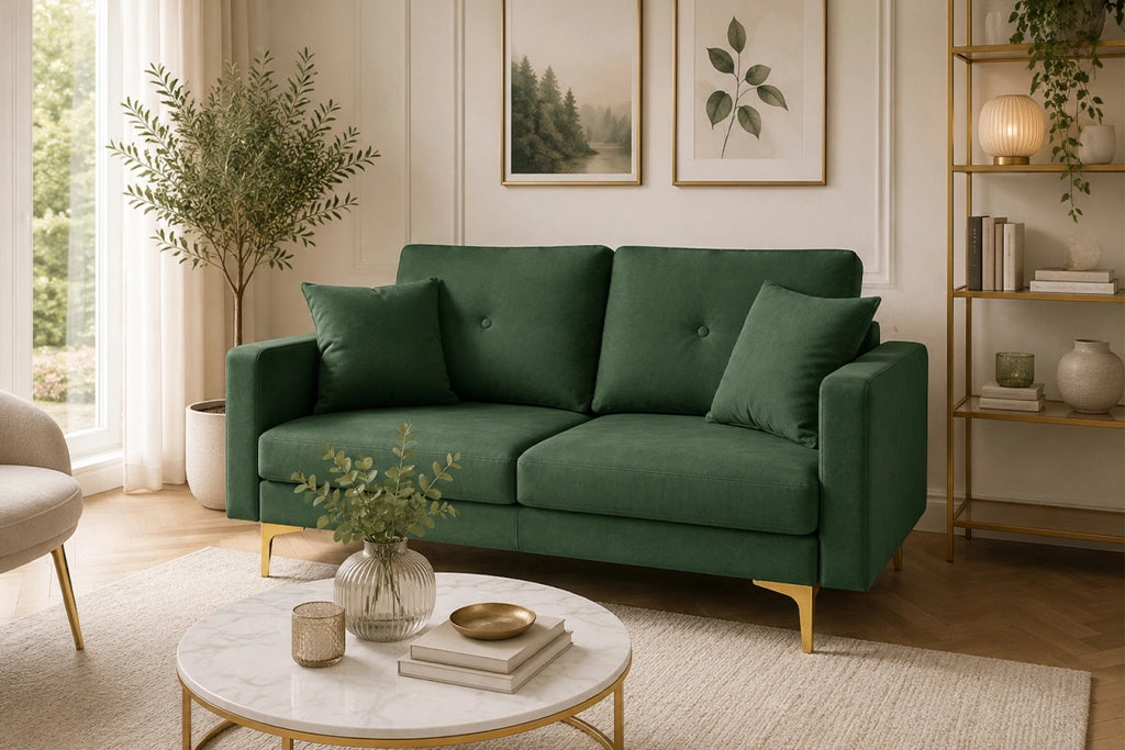 Divano 2 posti in tessuto vellutato verde abete piedi in metallo dorato - Chloe - DI2P-CH38FBC-PD