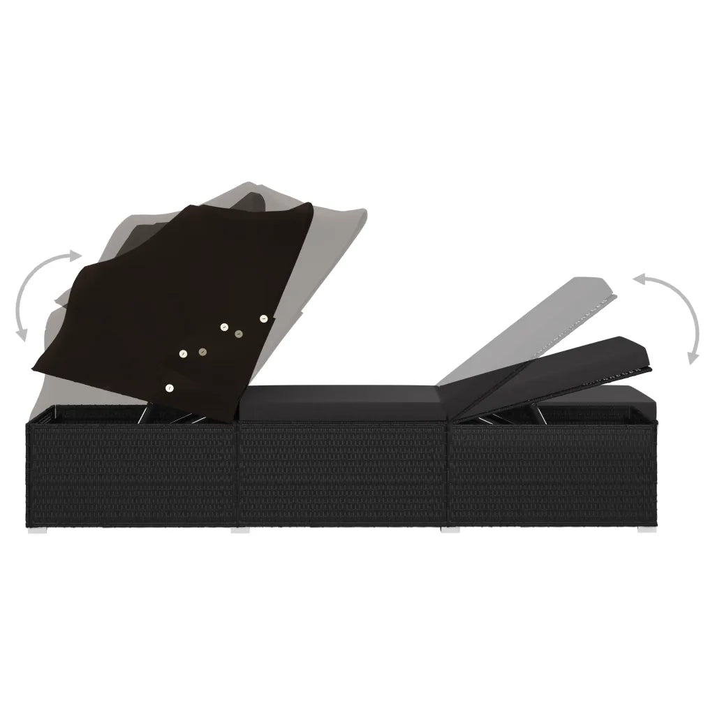 Lettino Prendisole con Tettuccio e Cuscino in Polyrattan Nero 46249