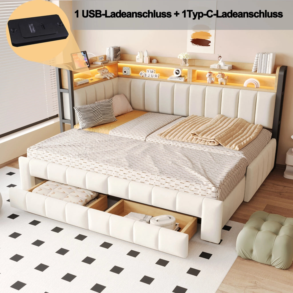 DIVANO LETTO Estraibile 90x200/180x200 cm Velluto Beige con LED
