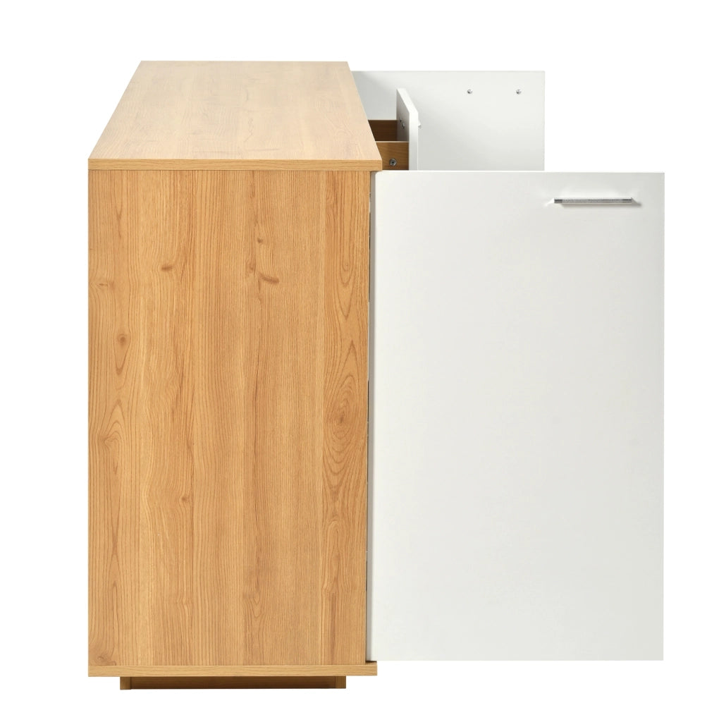 Sideboard 160x40x77 cm con illuminazione LED; 2 porte e 4 cassetti in MDF; naturale e bianco
