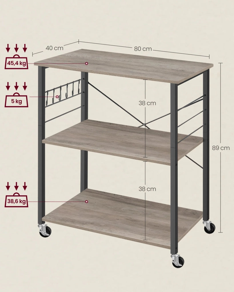 Carrello da cucina carrello da portata carrello a 3 ripiani per microonde mini forno tostapane struttura in metallo 40 x 80 x 89 cm con 6 ganci stile industriale marrone rustico 12_0005679