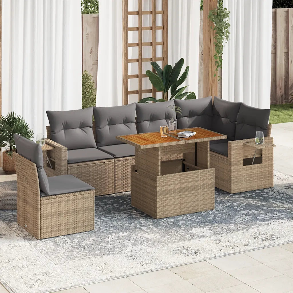 Set Divani da Giardino 7 pz con Cuscini Beige in Polyrattan