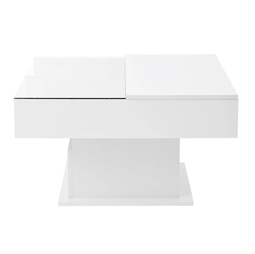 Tavolino da caffè lift-top in pannello truciolare bianco lucido; 78x78 cm; con LED e spazio contenitivo