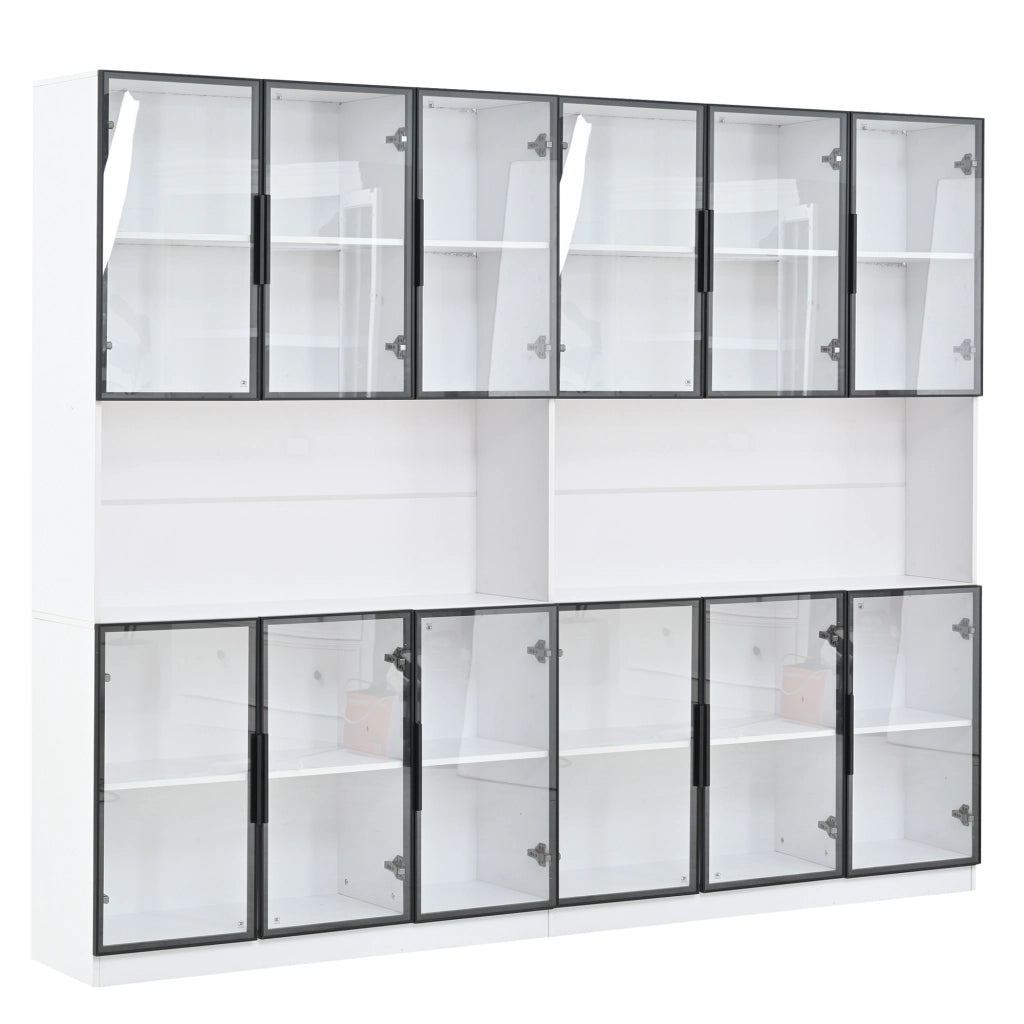 Vetrina con LED e 12 ante in vetro, per soggiorno e sala da pranzo, in MDF e vetro, bianco, 240 × 34 × 200 cm