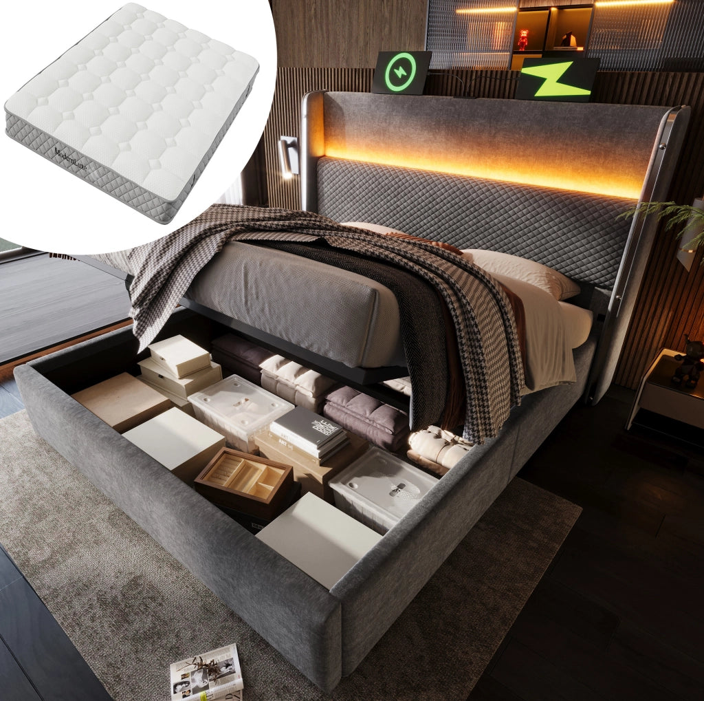 Letto matrimoniale 140x200 cm con LED, USB-C e materasso H3