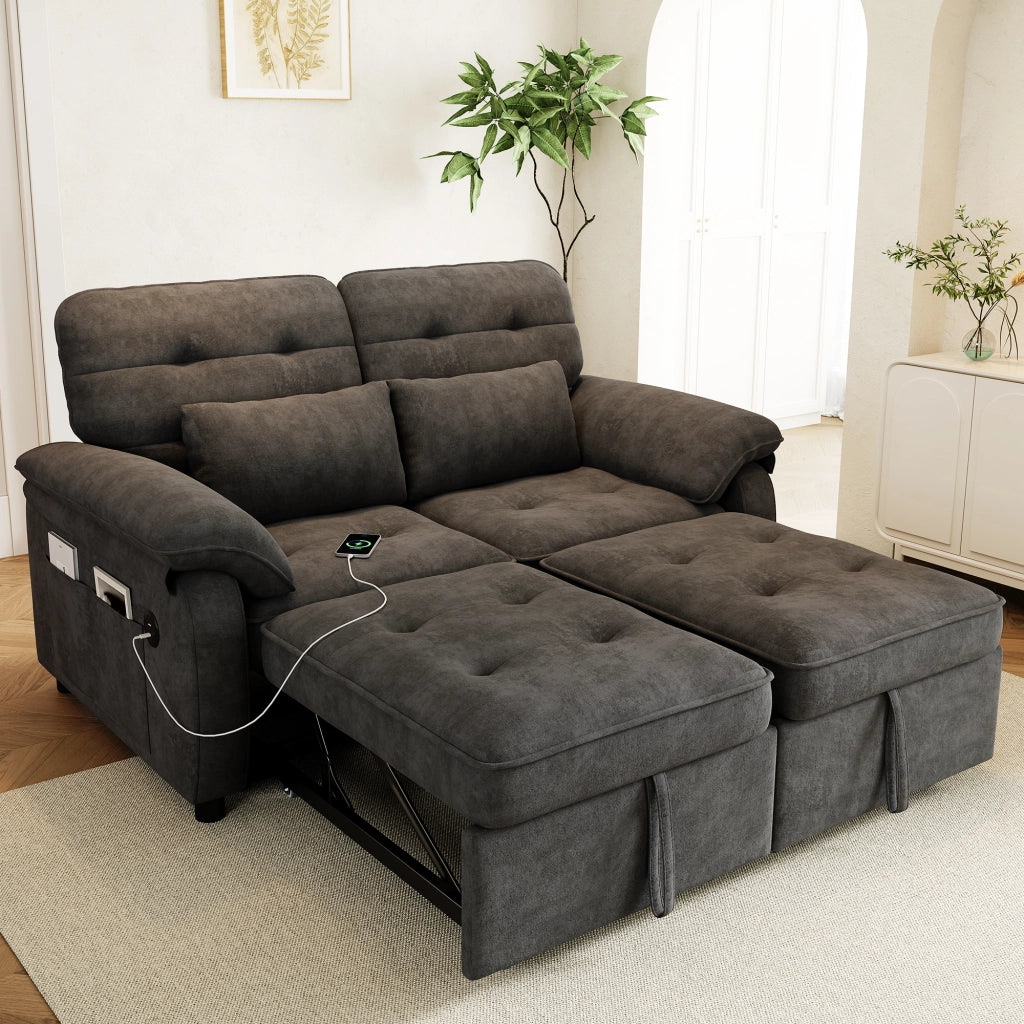 Divano letto 3 in 1 2 posti con schienale reclinabile e porte USB/Type-C; chenille grigio