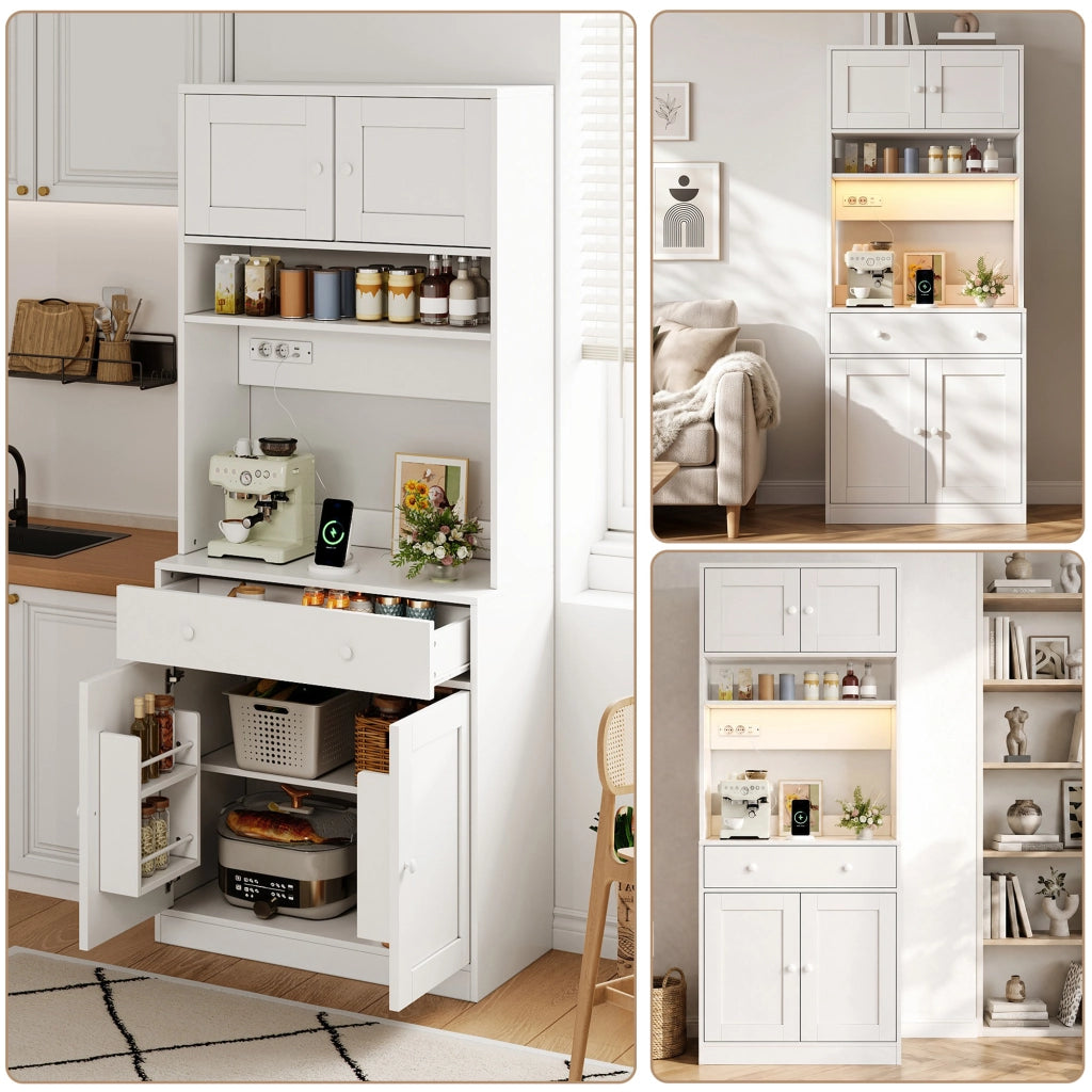 Credenza da cucina alta 180 cm con LED, prese e ampio spazio contenitivo, bianco