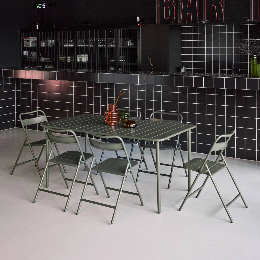 Set tavolo da giardino in acciaio con 6 sedie pieghevoli, 160cm, verde