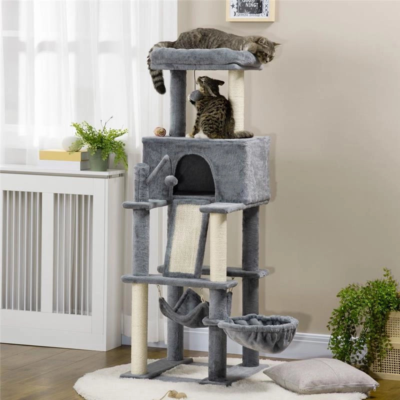 ALBERO TIRAGRAFFI PER GATTI CON PALI IN SISAL, CASETTA, LETTINO E AMACHE, 48X48X140CM, GRIGIO