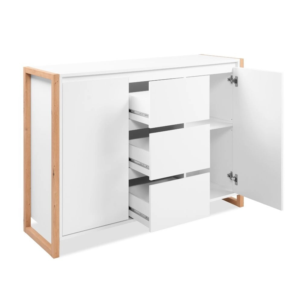Credenza New Denver2 con 3 cassetti e 2 ante bianco e rovere 120x40x88H