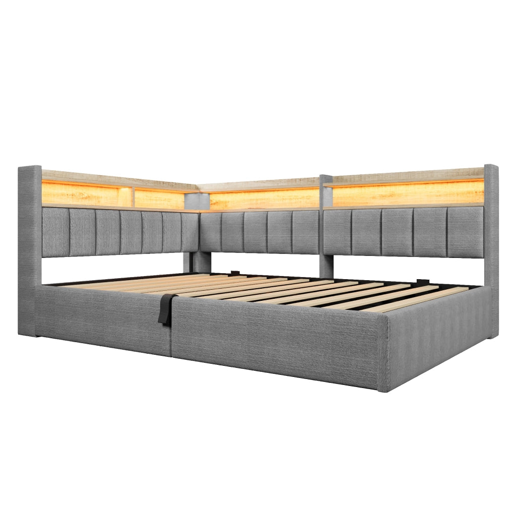 Letto imbottito 140x200 in velluto grigio con contenitore; LED RGB e porte USB