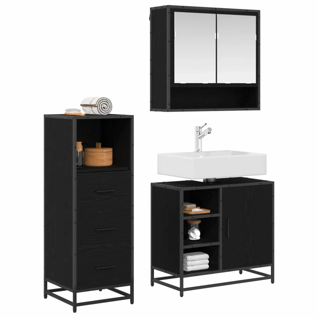 Set di mobili per il bagno 3 pcs Rovere Nero Legno multistrato 3402371