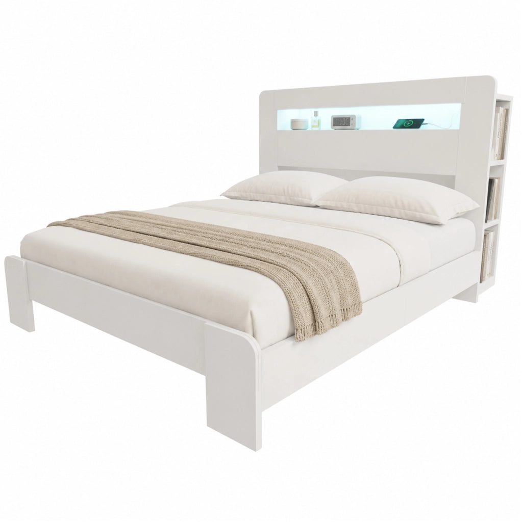 Letto 140x200 cm con contenitore e LED in legno bianco