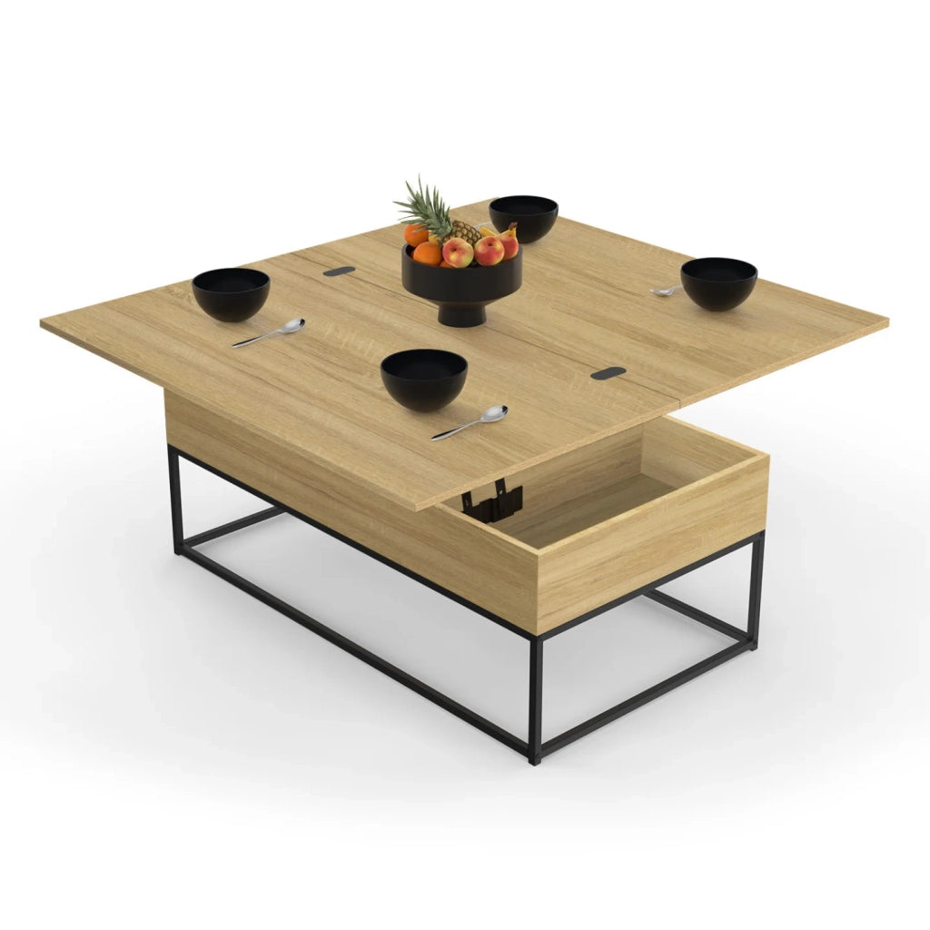 IDMarket - Mesa de centro multifunción con 2 tableros abatibles DETROIT, 1 de ellos convertible en mesa de comedor