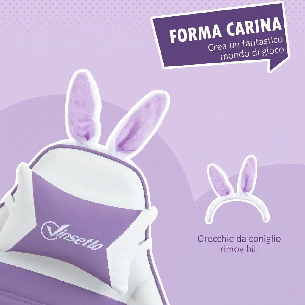 Sedia Gaming con Orecchie da Coniglio, Poggiapiedi, Cuscini, Reclinabile e Altezza Regolabile, Viola