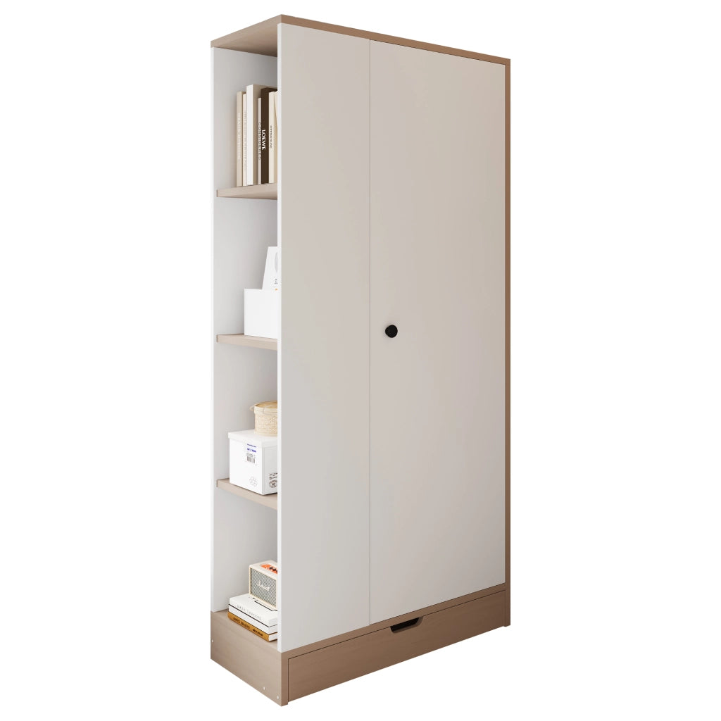 Armadio Guardaroba Bianco e Legno Naturale 70×40×170 cm con 1 Anta; Ripiani e Cassetti Portaoggetti
