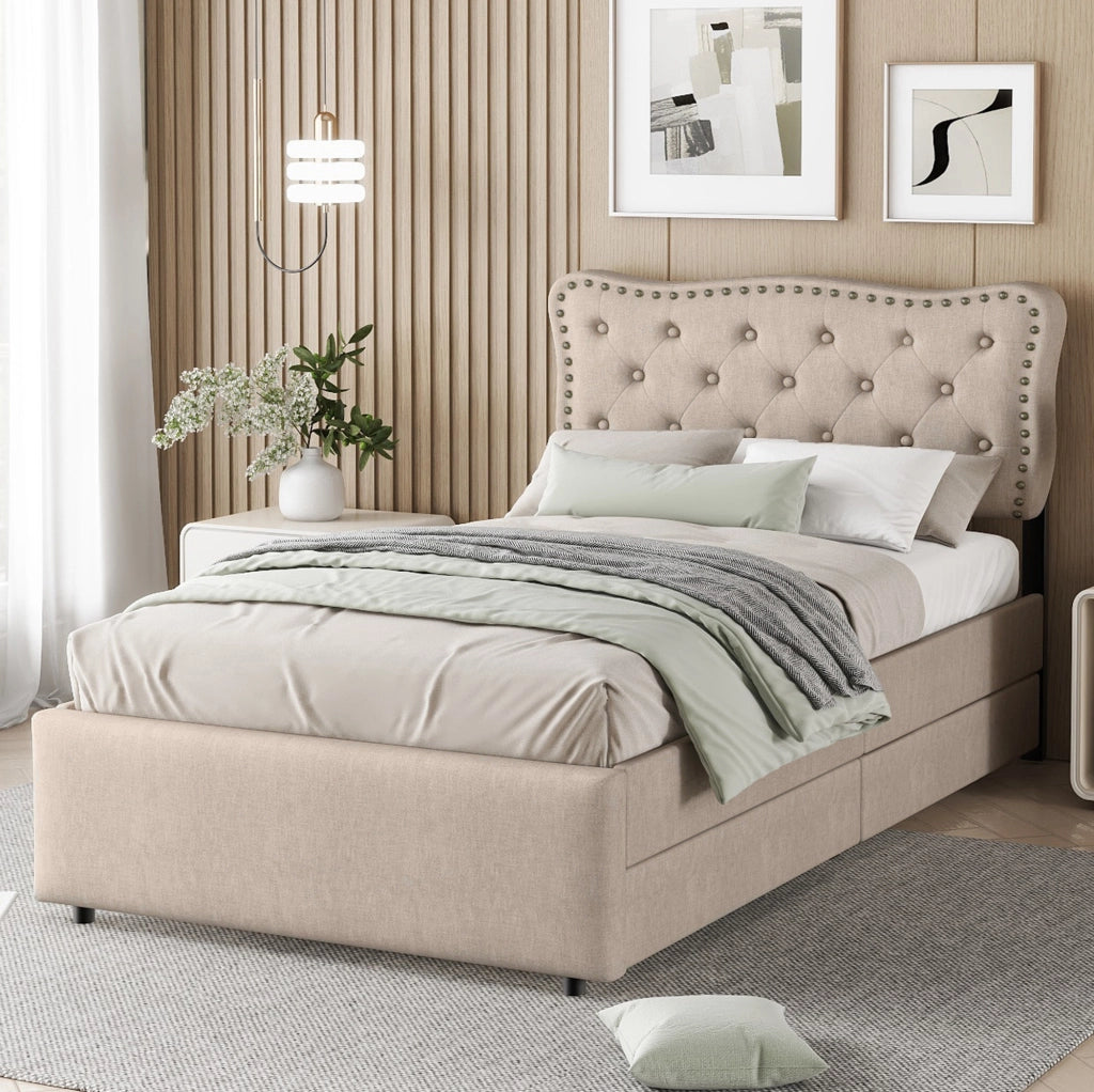 Letto imbottito 90x200 cm; testiera regolabile e 2 cassetti; MDF e lino; beige marrone