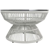 Tavolino da Giardino Rotondo, Tavolino d'Appoggio in Resina Effetto Rattan e Piano in Vetro Temperato, Ø 60 x 37H cm, Grigio chiaro