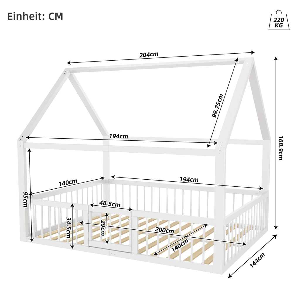 Letto per bambini a casetta 140x200 cm in metallo bianco con sponde di sicurezza