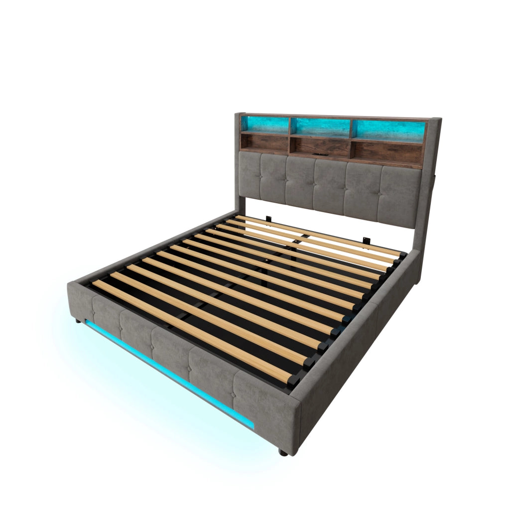 Letto 160x200 cm con contenitore; testiera multifunzione e LED in velluto grigio scuro