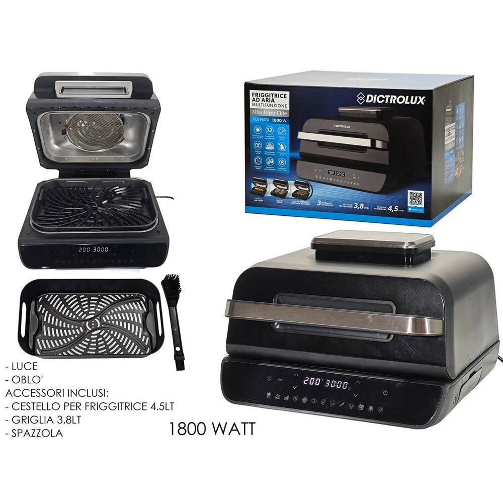 Trade Shop - Friggitrice Ad Aria Multifunzione Con Grill 3.8lt 1800w Cestello 4.5lt Con Luce Oblò -