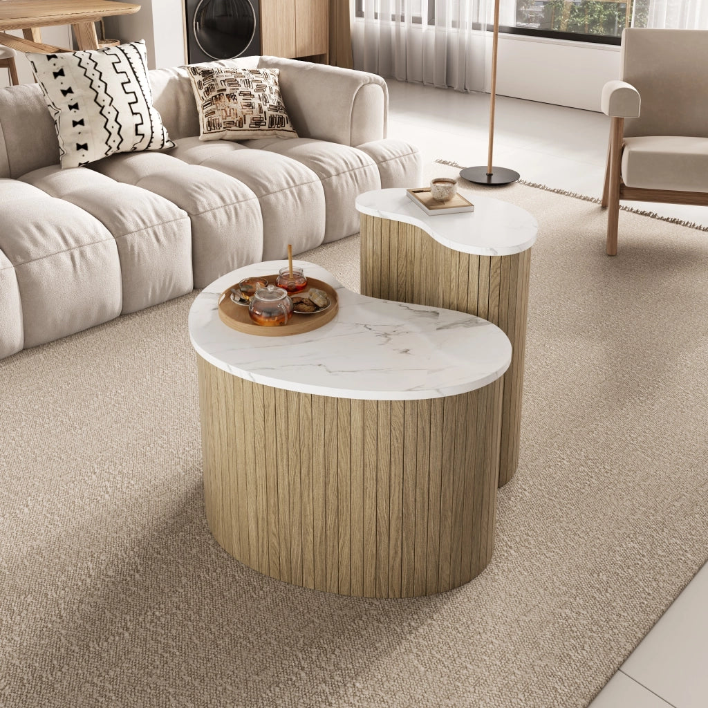 Tavolini bassi impilabili con design curvo piano effetto marmo e legno MDF naturale e bianco 60 × 37 × 38 cm