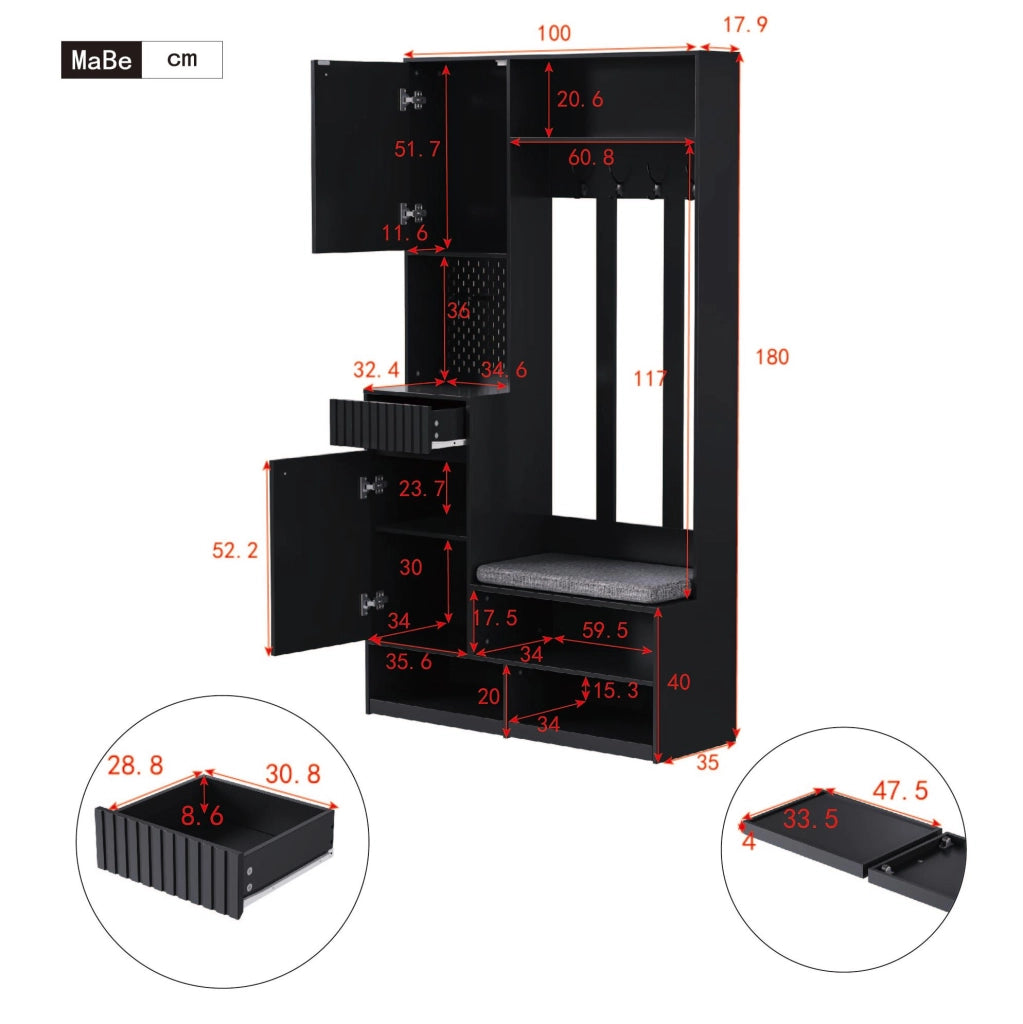 Mobile ingresso multifunzione con panca; 4 ganci; cassetti e pannello forato; 100x180x35 cm; nero