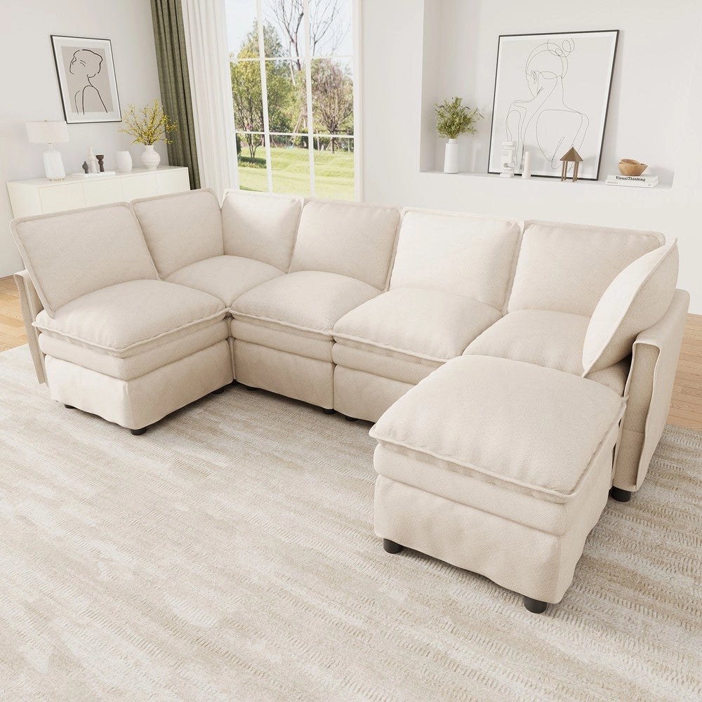 Divano letto angolare modulare ¨C Minimal ¨C beige in tessuto chenille con cuscini, cassetti e sgabello mobile