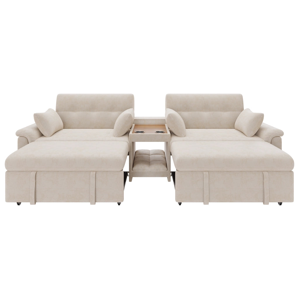 Divano letto estraibile a 2 posti letto con schienale reclinabile, console centrale con 2 portabicchieri, tessuto Chenille beige, 284¡Á138¡Á89 cm