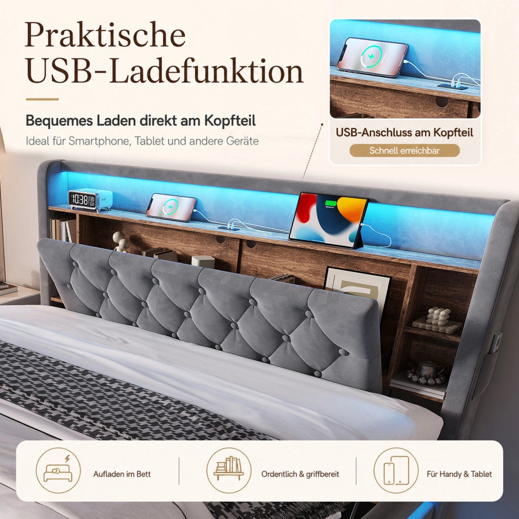 LETTO Contenitore 180x200 cm Velluto Grigio Scuro con testiera multifunzione