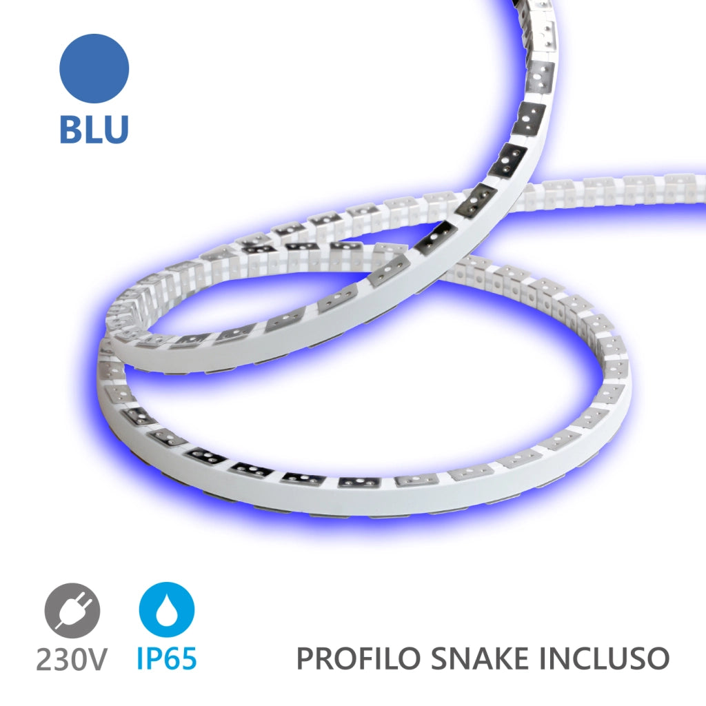 Alcapower Striscia LED Snake Flex 5m IP65 230V 12W/m Blu 60W, illuminazione flessibile professionale per esterni e interni ad alta efficienza