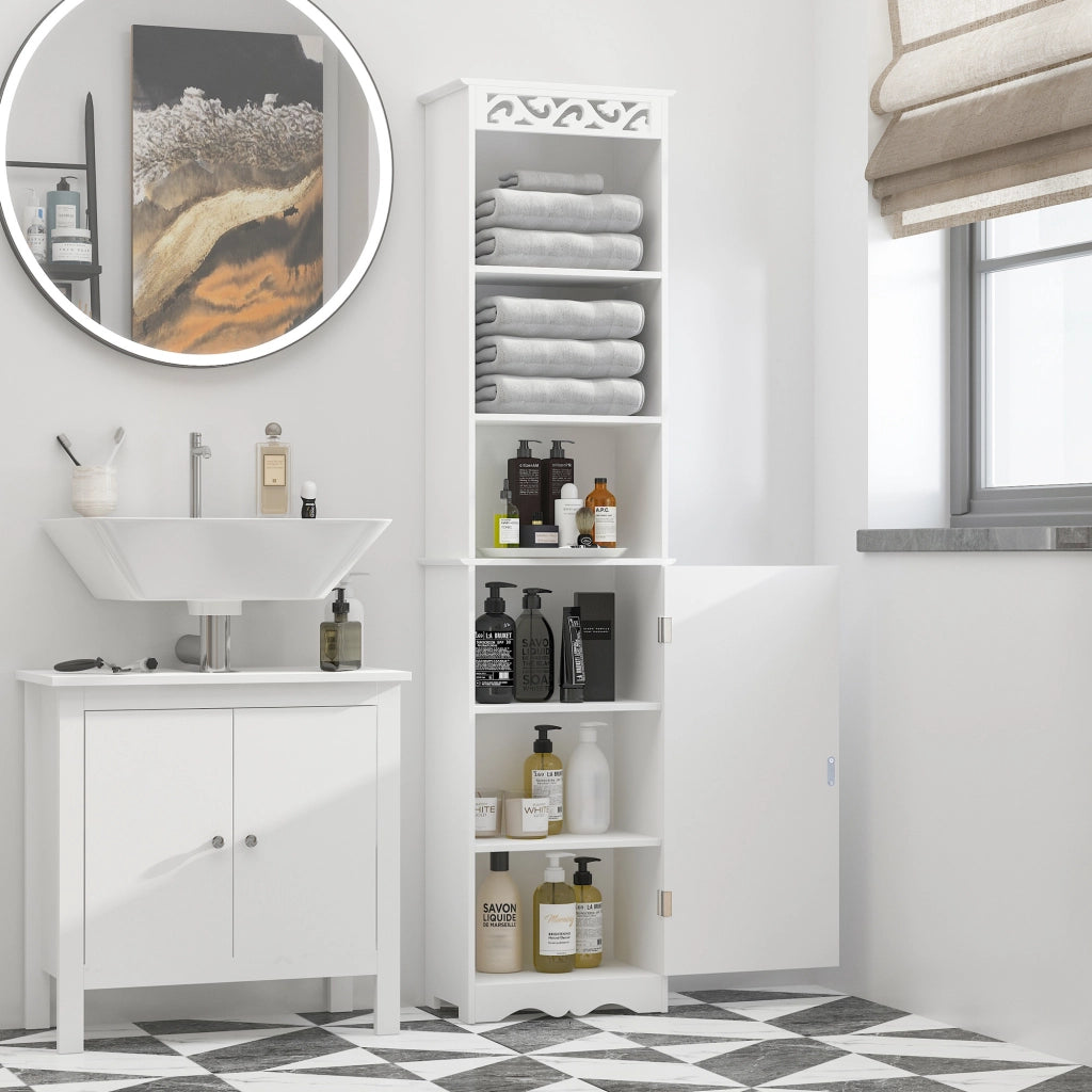 Mobiletto Bagno a Torre 3 Ripiani Regolabili e Armadietto ¨C zephmum ¨C MDF Bianco 40x23x160cm