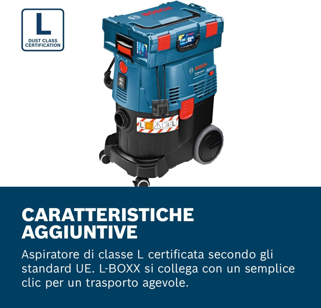 Bosch Professional Asp. a umido/a secco GAS 35 L SFC+ (1 filtro in cell. piegh. piatto, bocch. a lancia, sacch., raccordo, set bocch. pav., tubo fles. 3 m con buss. portaut., 3 x 0,35 m tubo asp.)