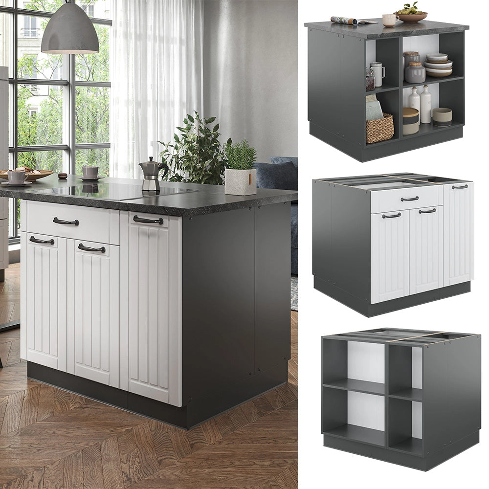 Isola cucina Fame-Line Bianco rustico/Antracite 90 cm con cassetto, senza piano di lavoro Vicco