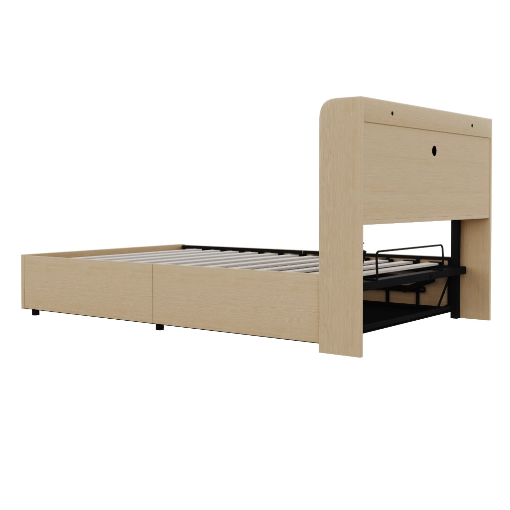 OKWISH Letto Contenitore 140×200 cm, Letto Matrimoniale con Contenitore Idraulico, USB, Tipo C e Vani, senza Materasso, MDF, Legno Naturale